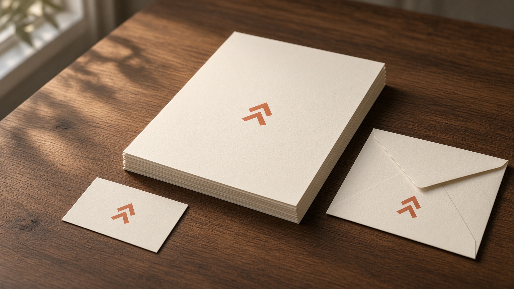 Letterhead, envelope, and card with a mark, on the desk